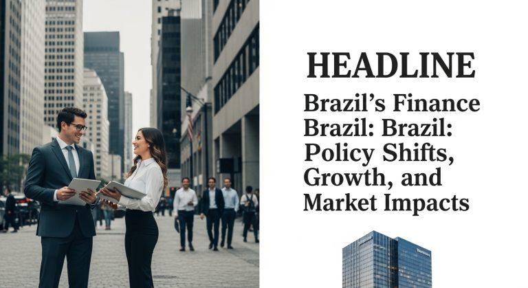 Brazilian finance district skyline with graphs and currency symbols reflecting policy and market analysis