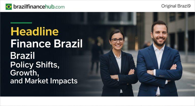 Brazilian finance district skyline with graphs and currency symbols reflecting policy and market analysis