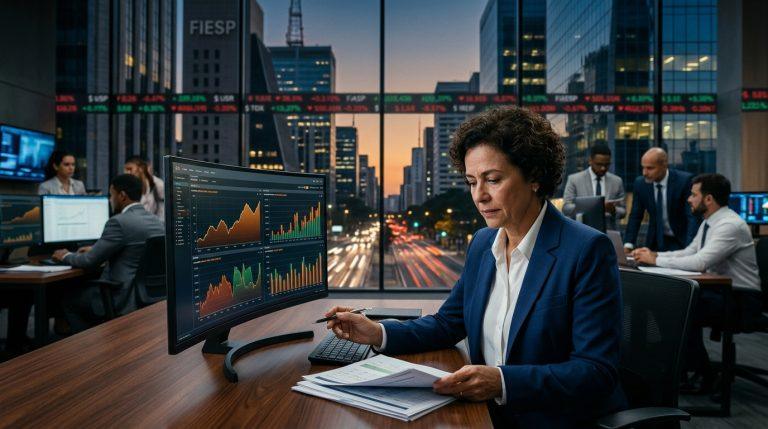 Editorial shot of Brazilian financial markets and currency symbols in a newsroom