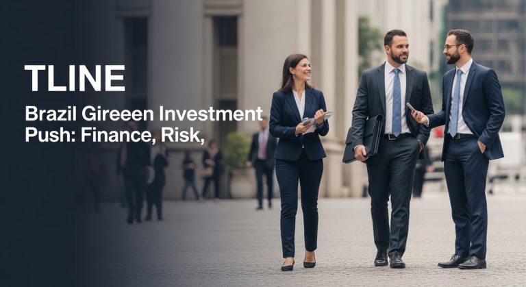 Brazilian finance district with green energy projects and data visualizations.