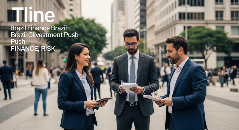 Brazilian finance district with green energy projects and data visualizations.