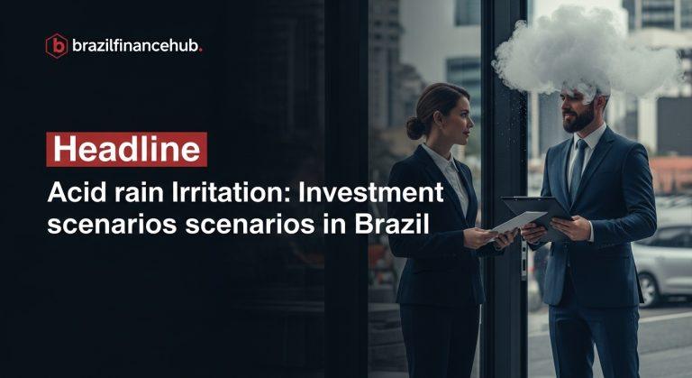 Editorial finance analysis in Brazil with stock charts and industrial background under rain.