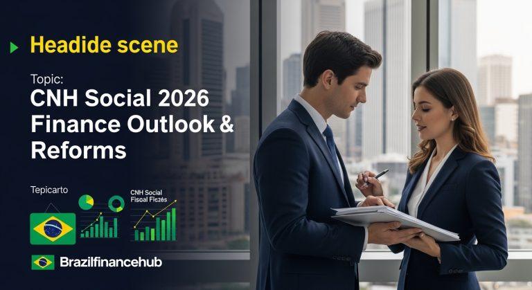 Infographic of CNH Social 2026 concept in Brazil with finance charts.